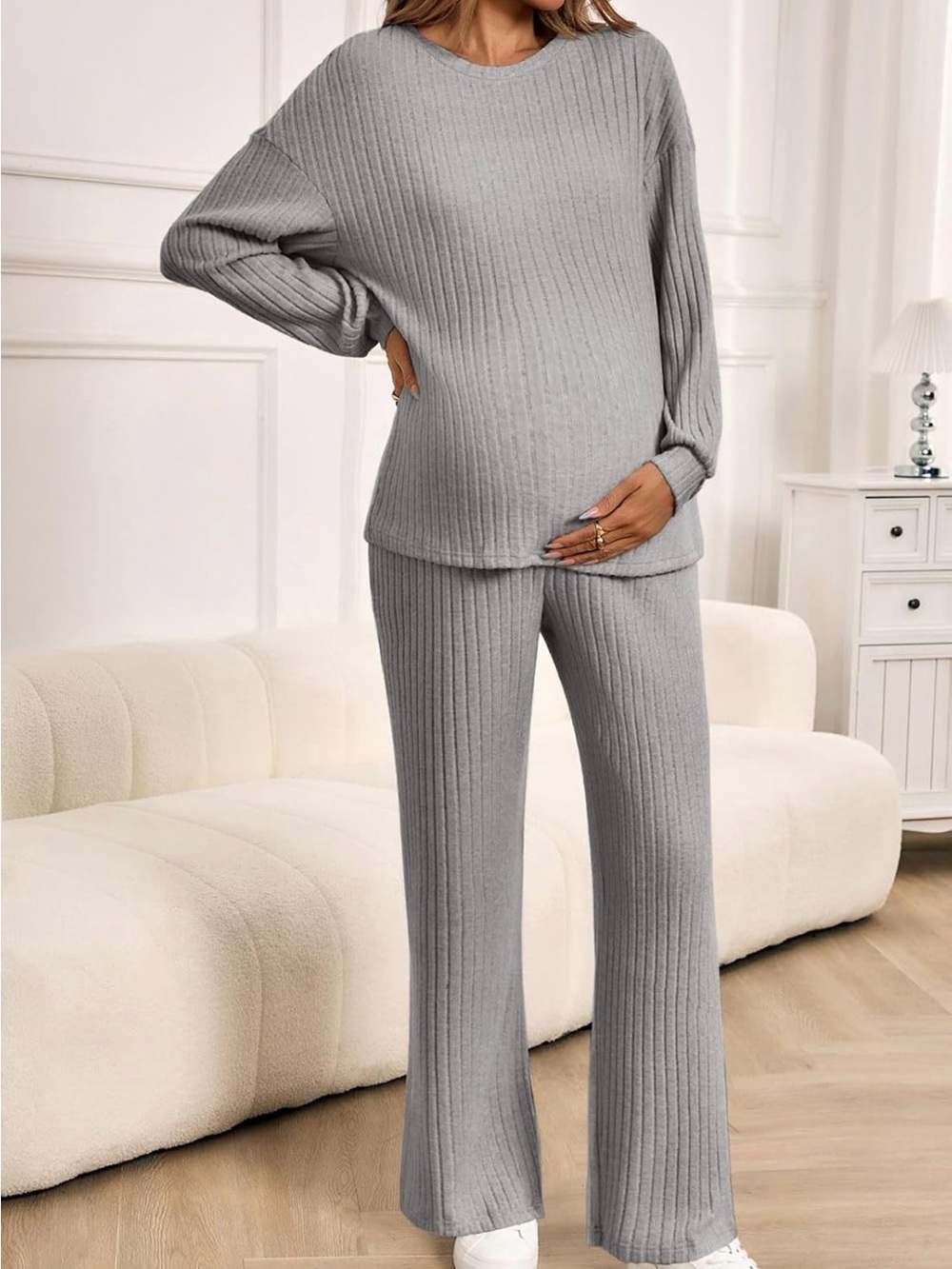 Cozy Maternity Ribbed Lounge Set - Gray